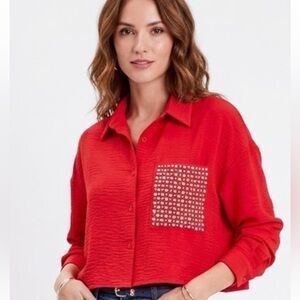 Discreet Red Studded Pocket Button-Down Shirt